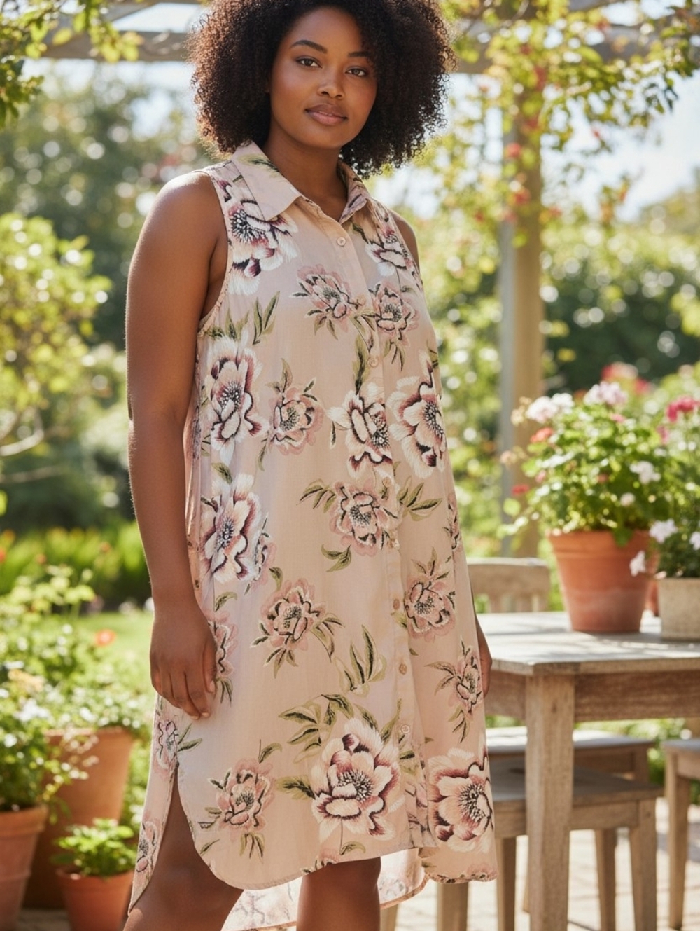 Mlle Gabrielle Blush Pink Floral Button Down Dress 1X